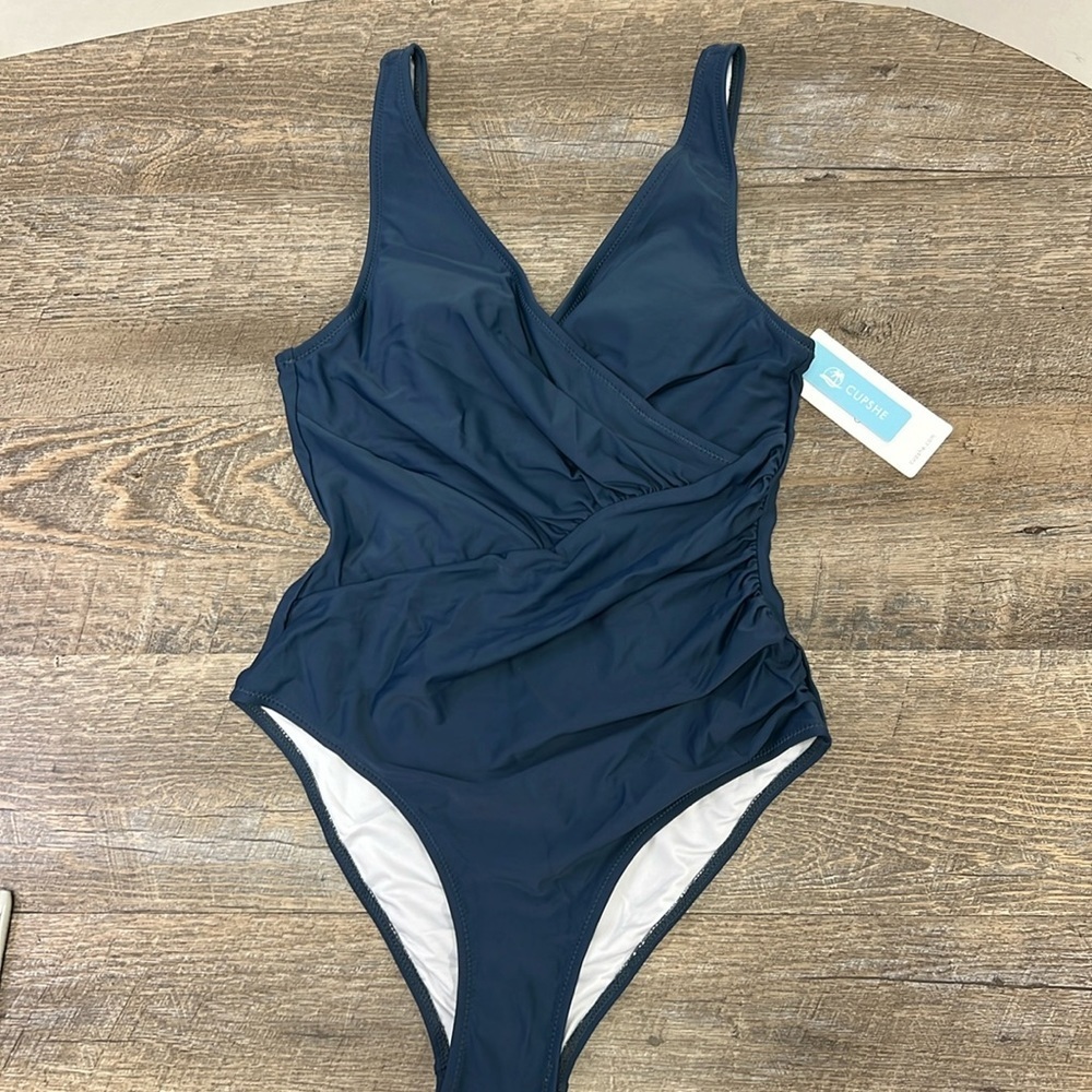 Cupshe Ruched Side Navy Blue One Piece Swimsuit Size Small